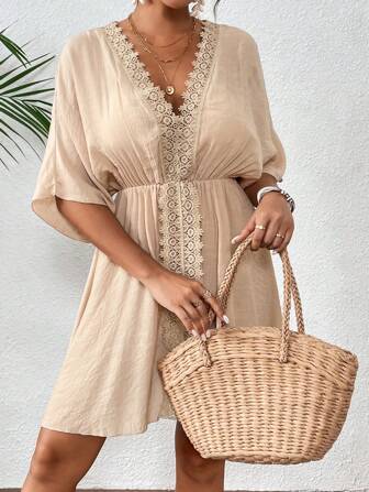 Swim Vcay Strandkleider für Frauen Damen V-Ausschnitt Spitze Patchwork luftige Strandüberwurf