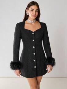 Enchnt Váy vải tuýt lấp lánh tay dài đính ngọc trai giả tinh tế mùa xuân/đông lãng mạn cho nữ, trang phục ngọt ngào và thanh lịch cho ngày lễ tình nhân, tiệc giáng sinh, năm mới, sinh nhật, ngày lễ, đêm hẹn hò ngọt ngào và cocktail, váy - màu đen - Xem 7