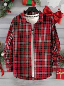 Manfinity Homme Manfinity Men Plus Size Men Casual Daily Plaid Button-Down Long Sleeve Shirt, Autumn, Christmas Shirt, For Going Out - Red - View 3