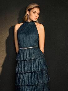 MOTF Soiréza GLITTER SOLID PLISSE LAYERED RUFFLE HEM HALTER NECK DRESS WITHOUT BELT - Dark Green - View 5