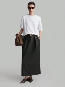 Ontre 女装2025秋季新款休闲纯色百褶长直筒裙，简约时尚，适合日常通勤、商务休闲、沙滩、生日派对、教师制服、办公室穿着