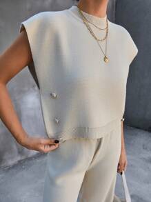 EURMUSE Bộ 2 món áo và quần đơn giản cổ tròn tối giản cho nữ - Màu be - Xem 2