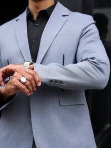 Manfinity Mode 2 件套 男士 纯色 正面纽扣 平领 长袖 衬衫 和 长裤 套装