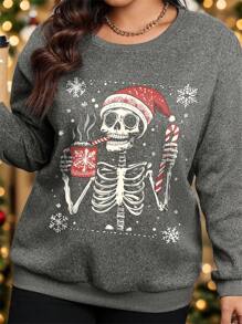 Calvaya Christmas Skeleton & Snowflake Print Plus Size Sweatshirt - Dark Grey - View 3