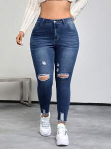 SHEIN EZwear 大码时尚百搭洗水破洞紧身牛仔裤 - 藍色 - 查看 4