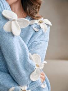 Anewsta Handmade Crochet 3D Flower Decor Cardigan - Blue - View 2