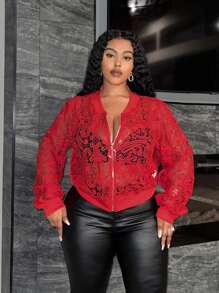 Slaydiva 日常休闲优雅紧身纯红色长袖透明蕾丝夹克，短款拉链大码女士，春秋季 - 紅色 - 查看 5