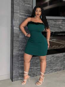 Slaydiva Elegant & Party & Gathering & Sexy & Dating & Evening Wear Women Plus Size Solid Color Sheer Strap Removable V-Neck Fuzzy Splice Mini Dress, Spring/Summer