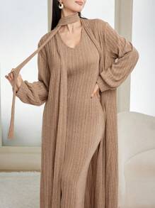 Modelyn 2 件套女士亲肤羊毛丝带吊带连衣裙，带长袖内搭 2 件套 - 卡其色 - 查看 4