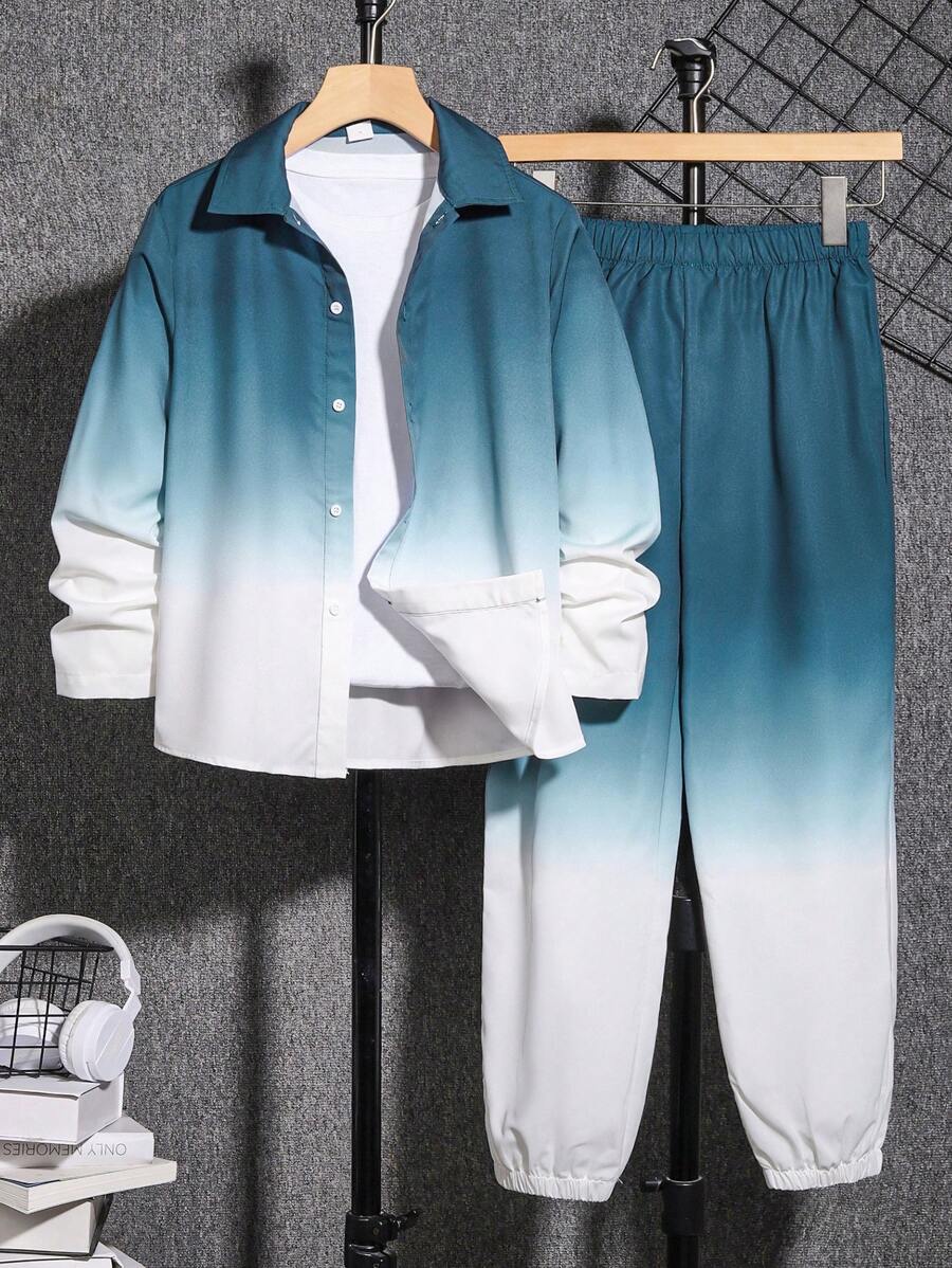 Bộ 2 món/bộ áo sơ mi dài tay thoáng khí đa năng cho bé trai tuổi teen, thích hợp mặc khi đi tiệc, đi học, ngoài trời, mùa thu/đông - Màu xanh lam - Xem 1