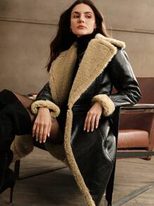 SHEIN x Carly Lawrence Anewsta 1pc Fashionable Premium Modern Detachable Faux Shearling Black Coat For Autumn/Winter - Black - View 12