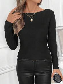 SHEIN LUNE Camiseta de manga larga de mujer con cuello redondo, de unicolor, con inserciones de malla y espalda descubierta - Negro - Ver 6