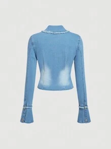 SHEIN MOD 女士时尚休闲破洞拉链牛仔夹克，秋季 - 藍色 - 查看 2