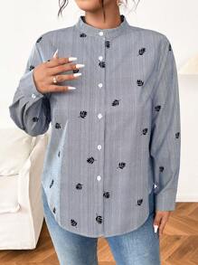 Flirla 大码条纹前扣长袖休闲上衣女式衬衫