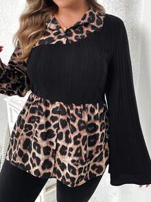 SHEIN VCAY Leopard Print Patchwork Knit Long Sleeve Casual Shirt - Multicolor - View 5