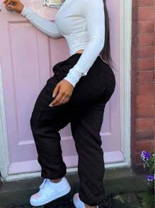 Women Solid Color Pocket Design Warm Fleece Pants Casual - Black - View 4