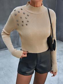 EURMUSE Women's Metal Star Decor Stand Collar Long Sleeve Fashionable Sweater