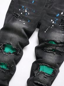 Manfinity EMRG 男式时尚百搭做旧斜口袋洗水牛仔裤 - 黑色 - 查看 3