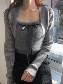 FRIFUL 2pcs Women Solid Color Long Sleeve Cardigan And Bow Decor Camisole Knit Top Set, Autumn/Winter