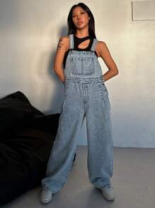 DAZY Women's Solid Color Front Pocket Thick Strap Sleeveless Denim Jumpsuit Overalls - Blue - View 6