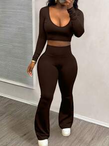 Women's Sexy Casual Short Cropped Fitted Top And Flare Pants Set, Autumn