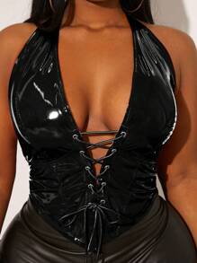 SHEIN SXY Áo hở lưng hở lưng màu đỏ gợi cảm cỡ lớn, thích hợp cho trang phục Halloween, đêm hẹn hò, sinh nhật, tiệc độc thân, dễ thương, giản dị, mua sắm, thời trang dạo phố, đi chơi, dễ phối đồ và trông thon gọn, tôn lên vóc dáng, tôn dáng - màu đen - Xem 16