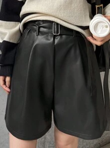 FRIFUL Women's Fashion PU Leather Pleated Loose Shorts