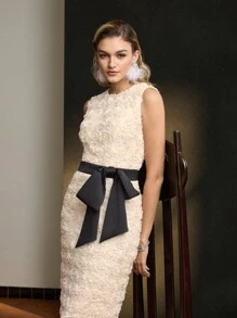 MOTF Soiréza 贴花撞色大蝴蝶结腰部鸡尾酒会礼服 - 米色 - 查看 5