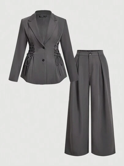 SHEIN MOD بدلة كاجوال بسيطة مكونة من بليزر مزين بربطة وبنطال واسع الساق مناسبة للموسم الانتقالي بين الخريف والشتاء للمقاسات الكبيرة