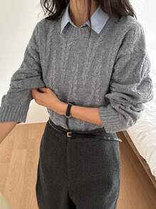 DAZY Autumn New Round Neck Solid Color Sweater For Women - Grey - View 8