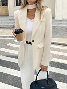 SHEIN Frenchy Women's Spring & Autumn Solid Color Lapel Collar Long Sleeve Single Button Elegant Blazer Jacket,Thermal/Warm Clothes,Cold Weather Clothes,Winter Women
