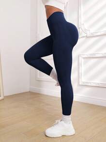 Easithlete 女士高腰无缝弹力运动紧身裤 - 藏蓝色 - 查看 4