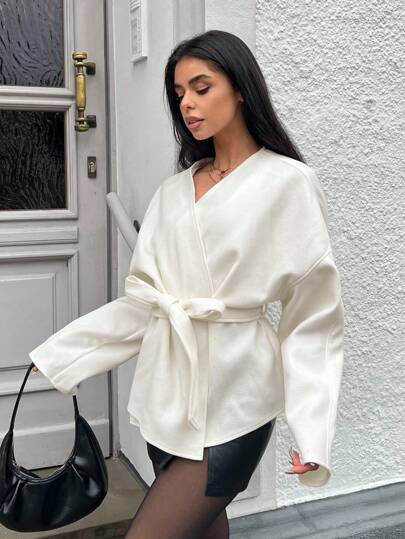 MainGRL Veste minimaliste à manches longues avec nœud devant, couleur unie. Portée décontractée au quotidien en automne/hiver pour femmes