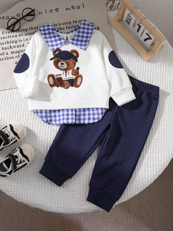 Souflis Souflis Baby Jungen Set aus süßem Bären Football besticktem Hemdkragen Langarm Sweatshirt & Kapuzenhose, ideal für Outdoor, Fotoshootings, Partys, kollegialer Freizeitstil, Schulanfang
