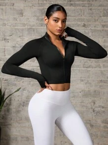 Seamless Thumb Hole Zip Up Long Sleeve Active Jacket - Black - View 6