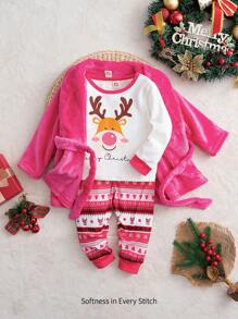 Cozy Pixies Baby Girl 3pcs Christmas Reindeer Pattern Colorblock Crew Neck Long Sleeve Top, Long Pants And Thick Robe Set, Winter Clothes - Hot Pink - View 1
