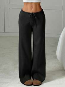 女士休闲纯色抽绳腰针织裤，秋冬 - 黑色 - 查看 5