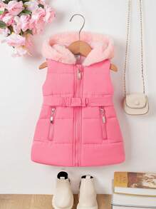 SHEIN 2pcs Baby Girls Hooded Sleeveless Belted Vest Outfit, Thick Warm Fashion Minimalist Style, New Autumn Winter Collection 2024