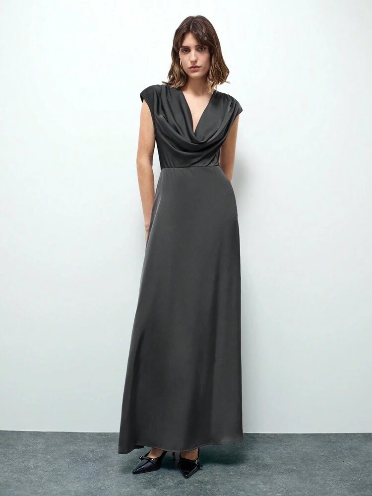 SHEIN Maija Elegant Draped Neck Cap Sleeve Cinched Waist A-Line Fitted Long Dress, Shiny Satin, Suitable For Parties, Valentine's Day