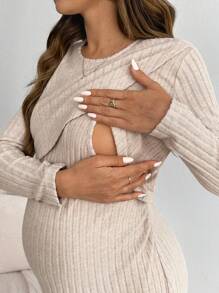 SHEIN Vestido de maternidad y lactancia, vestido casual de manga larga y cuello redondo de unicolor, otoño