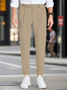 Calvornis Celana Jas Pria Warna Polos dengan Saku Miring, Lipatan, dan Potongan Slim Fit - Khaki - View 5