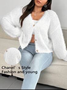 Flirla Plus Size V-Neck Casual Solid Color Sweater Cardigan, Fall - White - View 1