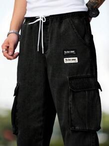 Manfinity Homme Loose Fit Men Letter Patched Flap Pocket Cargo Jeans - Black - View 6