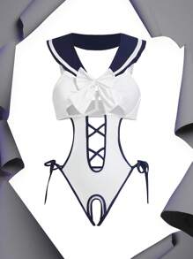 2 件性感女式紧身衣服装角色扮演套装（包括钢圈 + 领带） - 藍白色 - 查看 2