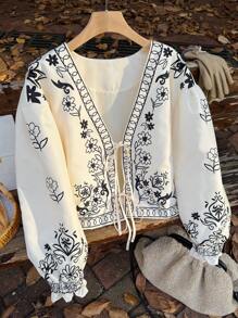 SHEIN Privé Plus Size Elegant White Winter Jacket,Retro College Paisley Pattern Color Block Long Sleeve Bowknot Short Loose Holiday Bachelorette Party,Hiking - Black and White - View 3