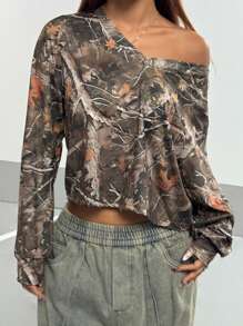 StreetHx Vintage Camouflage Maple Leaf Print Casual V-Neck Loose Long Sleeve Pullover Sweatshirt For Women, Autumn/Winter (Random Cut) For Spring Outfit
