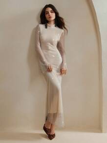 Anewsta Cream Square Rhinestone Fishnet Dress - Apricot - View 6