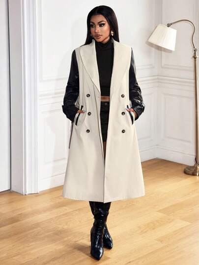 Zolique Women's Apricot Patchwork Sleeves Black Pu Elegant Long Coat Autumn Winter