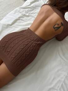 SHEIN EZwear Women's Solid Color Long Sleeve Backless Fitted Sweater Dress, Autumn/Winter - Brown - View 1