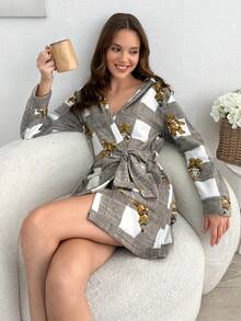 RueChic Women Fuzzy Multicolour Bear Pattern Pocket With Hoodie Detail Homewear Robe - Multicolor - View 6